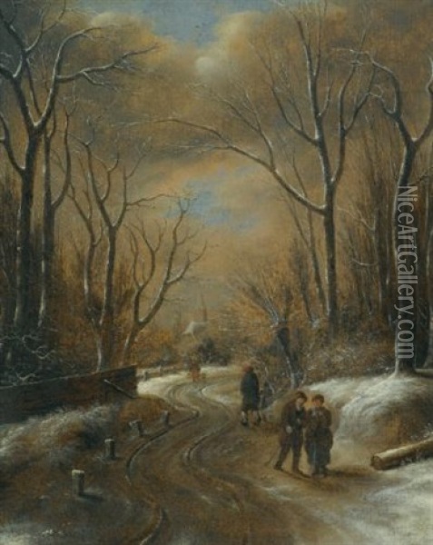 A Wooded Winter Landscape With Figures Walking Along A Path, A Church Steeple Beyond Oil Painting - Nicolaes Molenaer