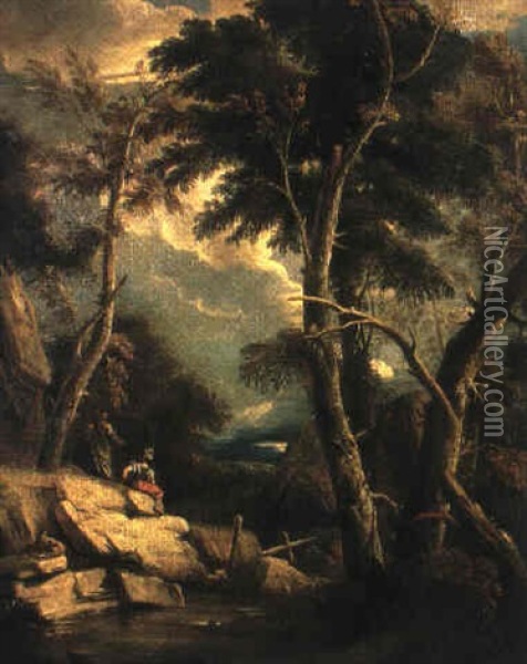 Soldat Und Ermiten In Bewaldetem Flusstal Oil Painting - Marco Ricci