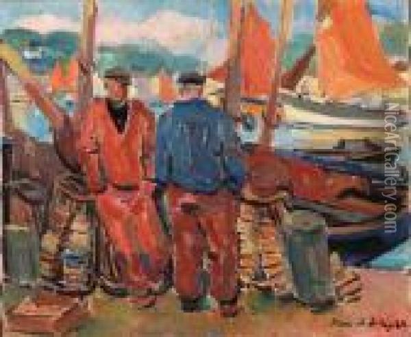 Deux Marins Sur Le Port D'audierne Oil Painting - Pierre De Belay