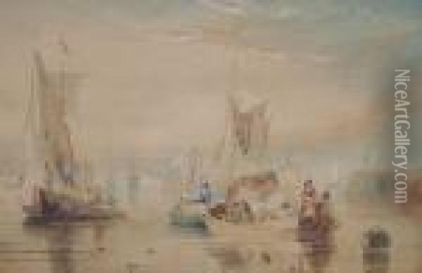 Figures In A Busy Harbour Scene; Watercolour, 31x46cm Oil Painting - John Sell Cotman