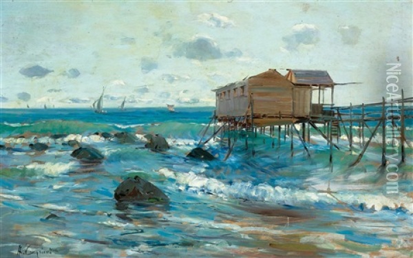 Trabucco On The Coast Of The Adria Oil Painting - Alceste Campriani