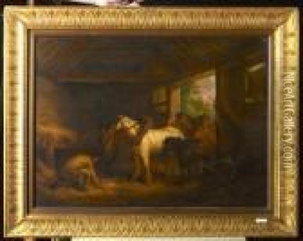 Inside A Stable. 1791. Oil Painting - George Morland