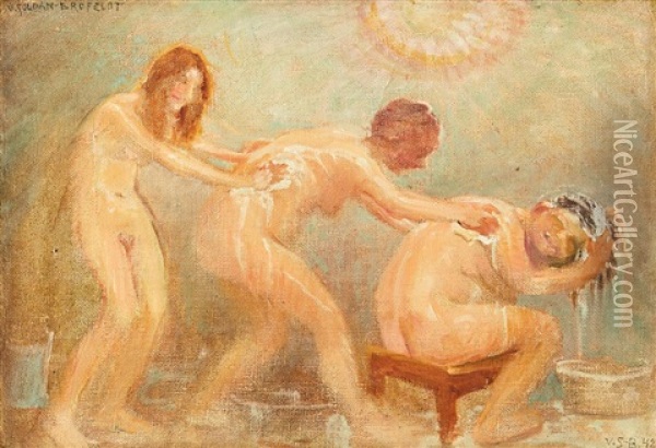 Three Women Washing Each Other Oil Painting - Venny Soldan-Brofeldt