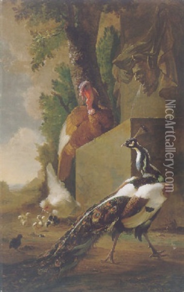 A Peacock, Turkey And Chicken With Her Chicks Beside A Classical Fountain, A Landscape Beyond Oil Painting - Abraham Bisschop