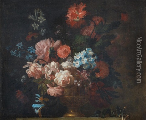 Roses, Morning Glory, Poppies And Other Flowers In A Gilt Vase On A Stone Ledge Oil Painting - Pieter Casteels III