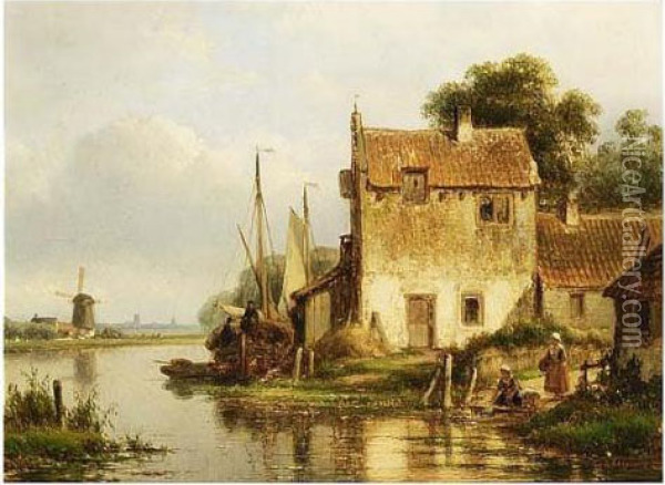 A River Landscape With Anglers And Washerwomen By A Town Oil Painting - Lodewijk Johannes Kleijn