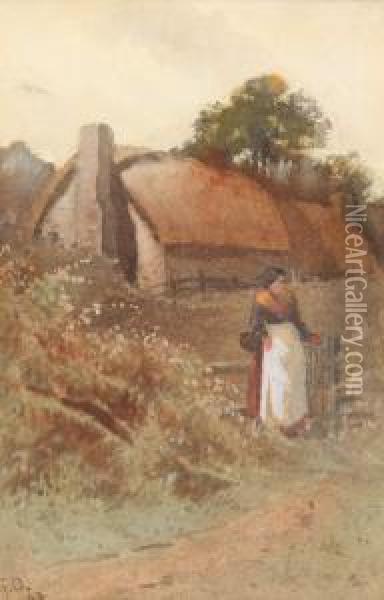 Landscape With Afarmhouse And A Farmer's Wife Wearing A White Apron Oil Painting - George Oyston
