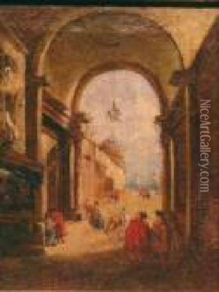 The Loggietta, Venice With Figures: Two Oil Painting - Francesco Guardi