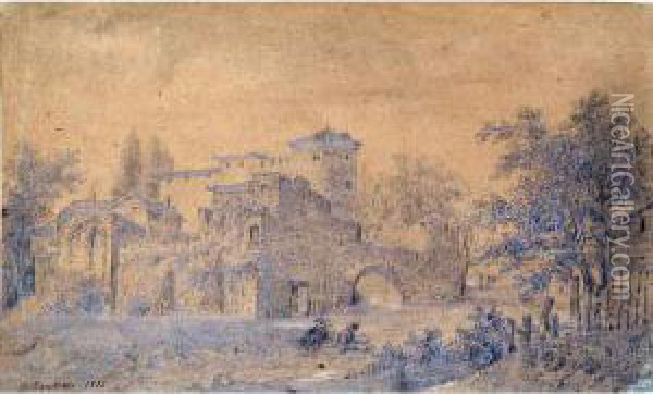 Abbaye En Ruine. Crayon Sur Papier. Signe Et Date 1832 En Bas A Gauche. 15 X 25 Cm Oil Painting - Alphonse N. Michel Mandevare