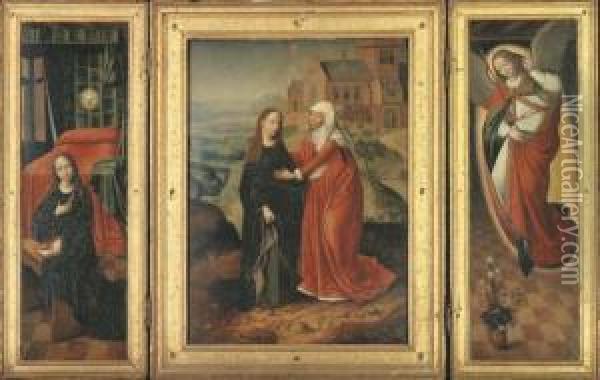 A Triptych: Central Panel: The 
Visitation; Left Wing: The Virgin Annunciate; Right Wing: The Angel Of 
The Annunciation Oil Painting - Marcellus Coffermans
