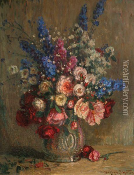 Nature Morte Aux Roses Et Delphiniums Oil Painting - William Samuel Horton