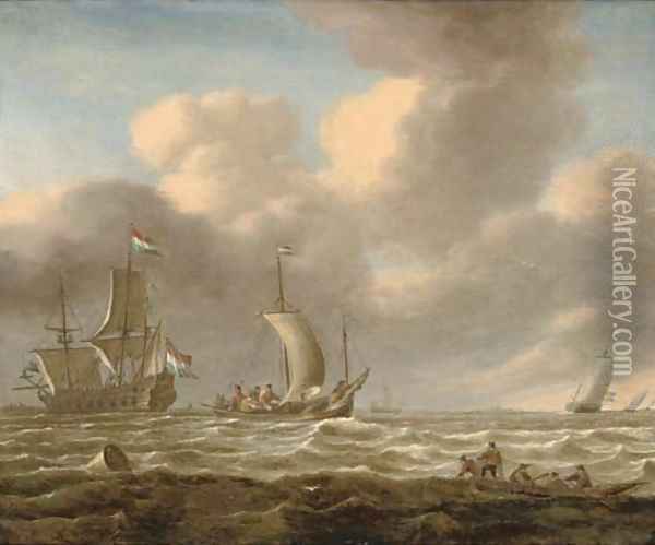 A Dutch man-o'-war and other shipping in choppy seas Oil Painting - Jan Peeters