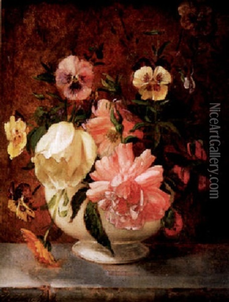 Roses And Pansies In A White Vase Oil Painting - William P. Babcock