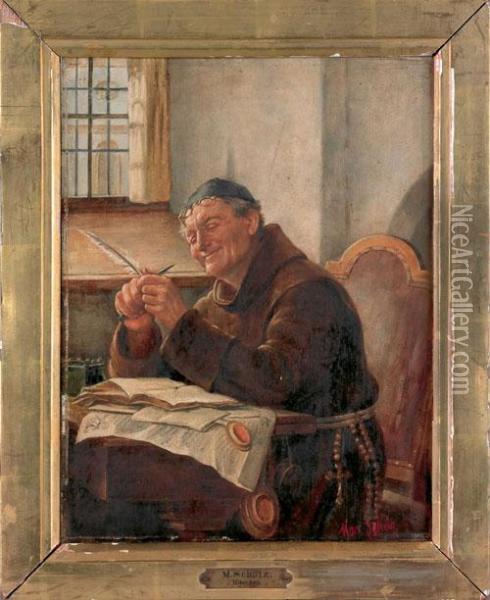 A Monk Sharpening A Quill Oil Painting - Max Scholz