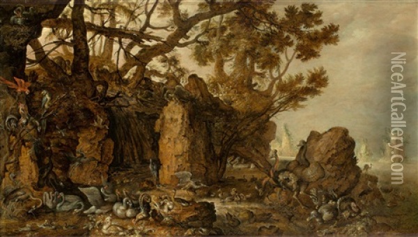 Rocky Coastal Scenery With Dodos And Other Birds  (after Roelant Savery) Oil Painting - Hans Savery the Younger