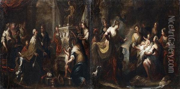 Salomon Sacrifiant Aux Idoles, Moise Sauve Des Eaux Oil Painting - Bartolomeo Biscaino