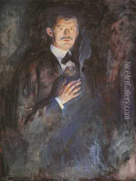 Self-Portrait with a Burning Cigarette Oil Painting - Edvard Munch