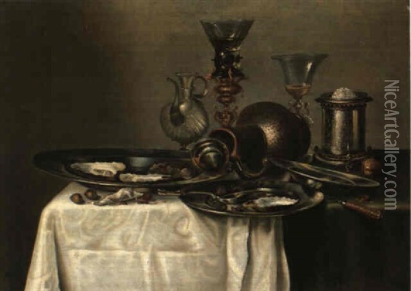 Still Life With Conical Roemer Upon Its Stand Oil Painting - Cornelis Mahu