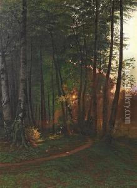 Forest With Woman And Little Child On A Path Oil Painting - Anton Thiele