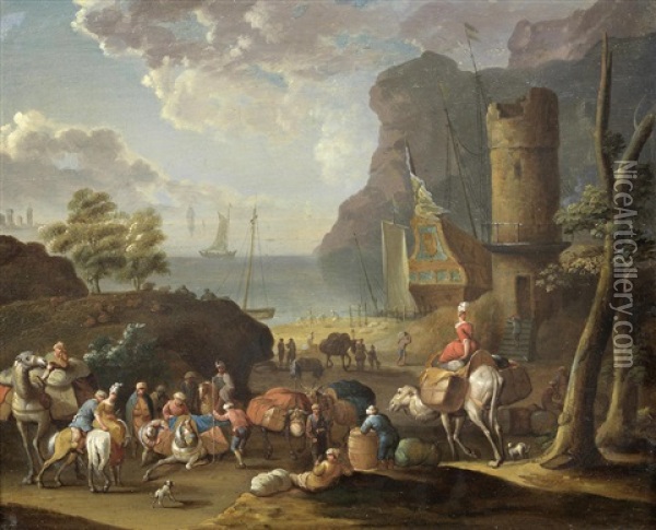 A Mediterranean Harbour Oil Painting - Jan Baptiste Tetar van Elven