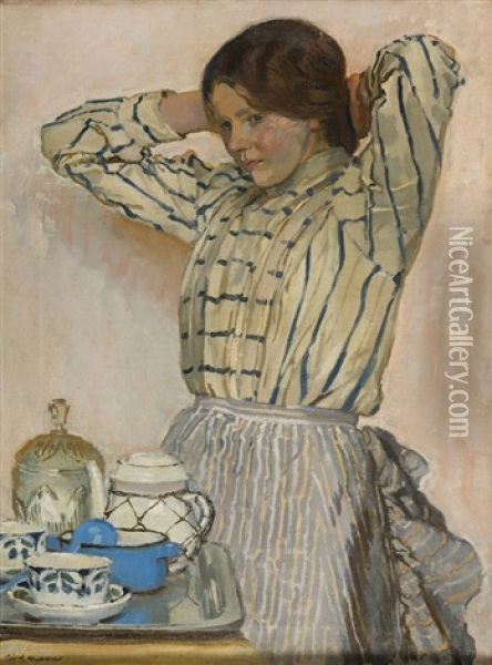 Girl With Coffe Oil Painting - Josef Mehoffer