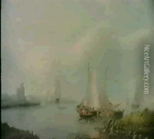 Segelschiffe In Einer Flussmundung Oil Painting - Hermanus Koekkoek the Elder