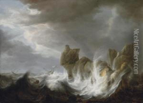 Shipwreck On A Rocky Coast Oil Painting - Simon De Vlieger