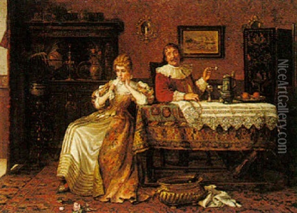 An Elegant Couple Conversing Oil Painting - Lajos Bruck