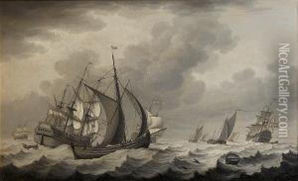 Dutch Shipping In Choppy Seas Oil Painting - John the Younger Cleveley