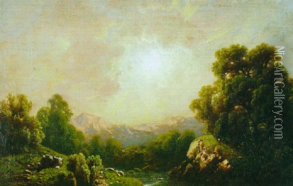 Luminist River Landscape With Distant Mountains Oil Painting - William Mason Brown