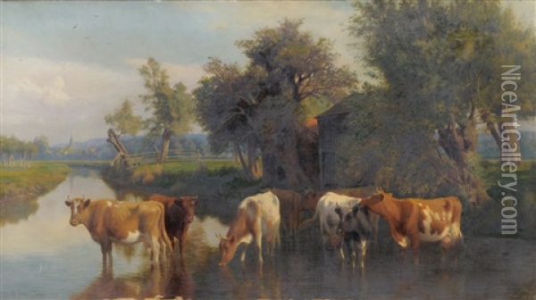 Summer Landscape With Cattle Watering In The Foreground Oil Painting - William Sidney Cooper