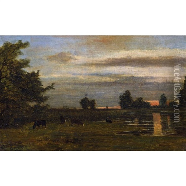 Weidende Kuhe Im Abendrot Oil Painting - Charles Francois Daubigny