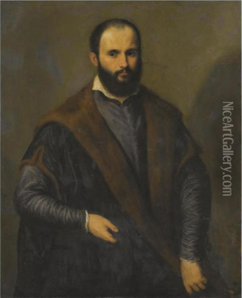 Portrait Of A Bearded Man, 
Three-quarter Length, Wearing A Blackfur-lined Coat, Holding A Cap In 
His Right Hand Oil Painting - Paris Bordone