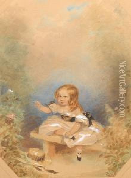 A Young Girl, Wearing White 
Dress Trimmed Withlace, Black Ribbon Sash And Knots Of Black Ribbon On 
The Shortpuffed Sleeves, White Ankle Socks And Black Slippers, Her Fair 
Hairdressed In Ringlets, Seated On A Bench, Stretching Out Her Righthand
 To  Oil Painting - Francois Theodore Rochard