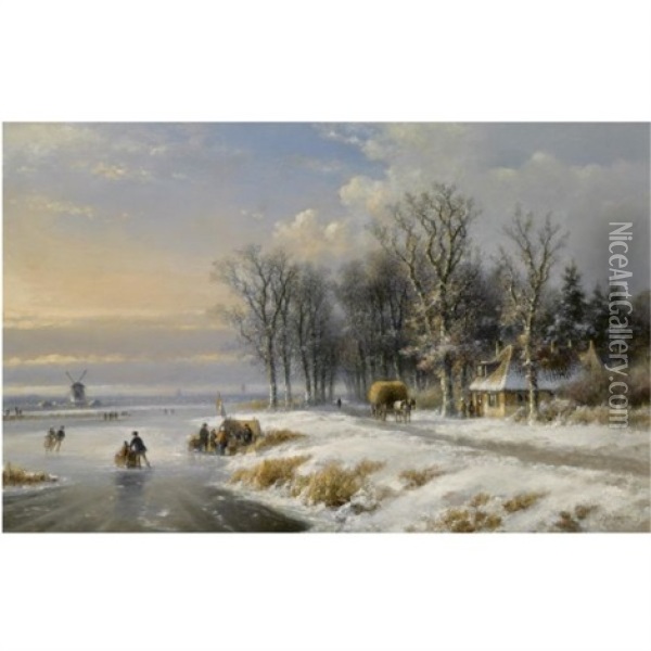 Skaters On The Ice Near A Koek En Zopie Oil Painting - Lodewijk Johannes Kleijn