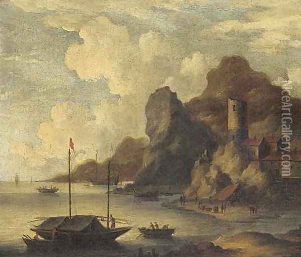 A Mediterranean coastal inlet with fishermen on the shore Oil Painting - Bonaventure II Peeters