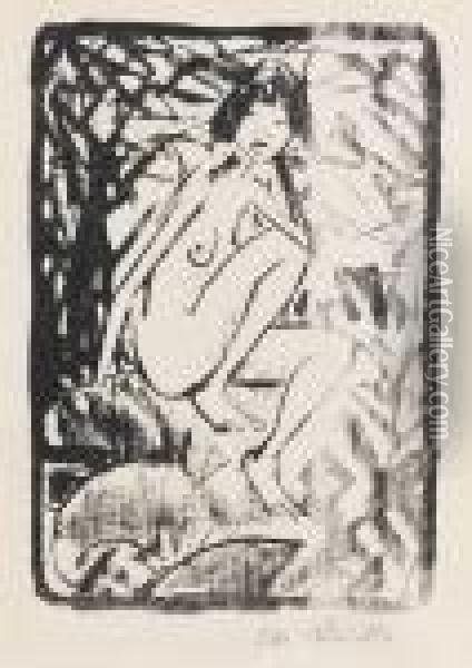 Sitzende Vom Blattwerk Umgeben (dunkle Fassung) Oil Painting - Otto Mueller