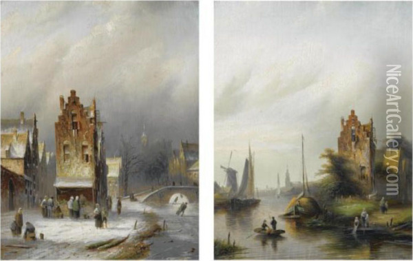 Figures In A Wintry Dutch Town; A River Scene With Washerwomen (apair) Oil Painting - Jan Jacob Coenraad Spohler