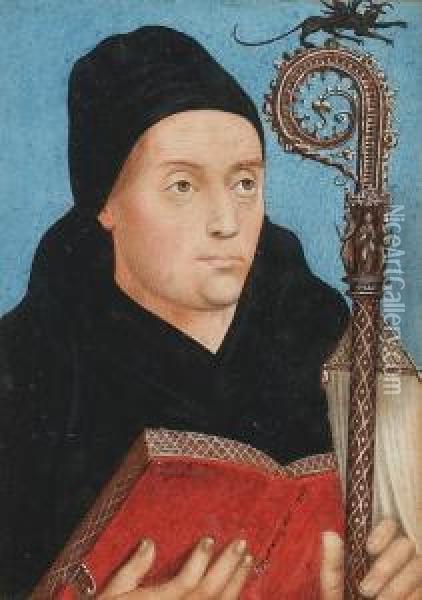 A Medieval Bishop, Wearing Black
 Robes And Cap, He Holds A Red Book And Ornately Carved Staff Topped 
With Dragon Oil Painting - George Perfect Harding