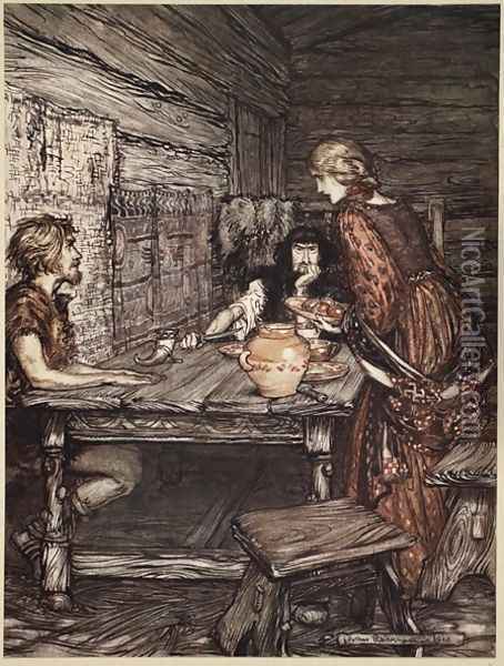 Hundling discovers the likeness between Siegmund and Sieglunde, illustration from The Rhinegold and the Valkyrie, 1910 Oil Painting - Arthur Rackham