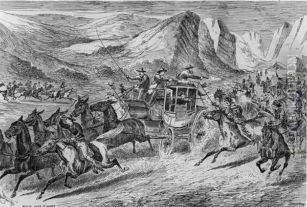 The Attack on the Deadwood Coach in Buffalo Bills Wild West, engraved by Joseph Swain 1820-1909 1887 Oil Painting - John Sturgess