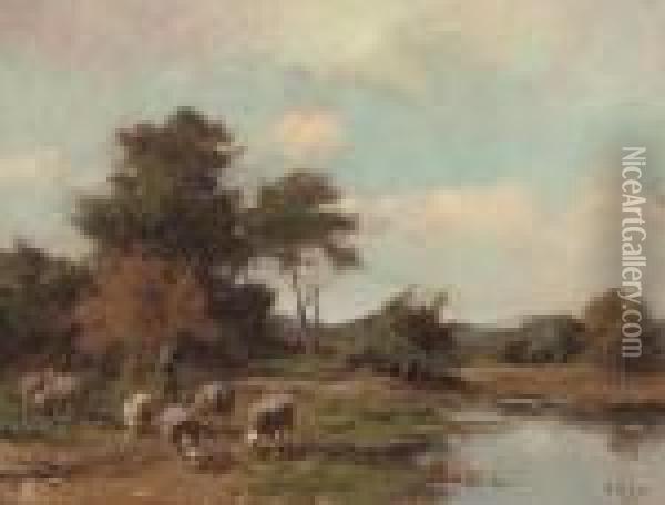A Shepherd And His Flock By A Lake Oil Painting - Anton Mauve