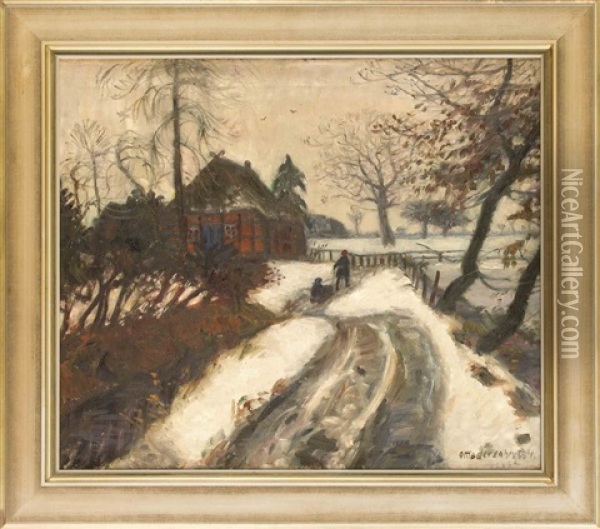 Winterlandschaft Tauwetter Brede (+ Vorfruhling In Fischerhude, Verso) Oil Painting - Otto Modersohn