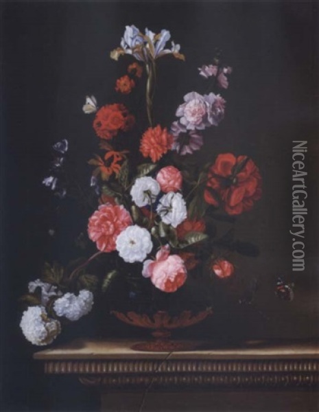 Still Life Of Roses, Irises And Other Flowers In An Ormolu Mounted Glass Vase With Butterflies And A Dragonfly On An Ornamented Stone Ledge Oil Painting - Jacques Samuel Bernard