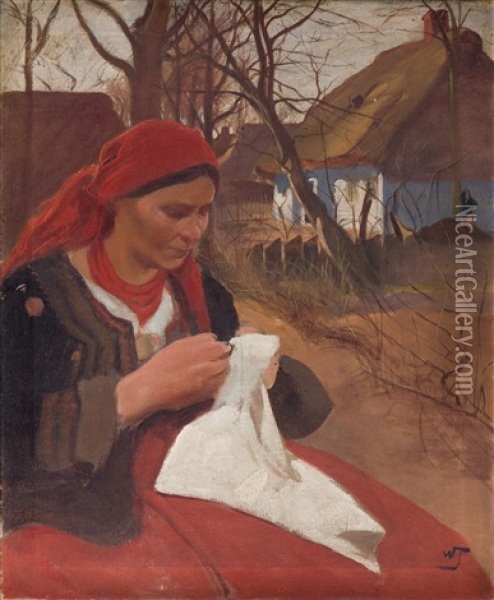 Village Genre Scene Oil Painting - Wlodzimierz Tetmajer