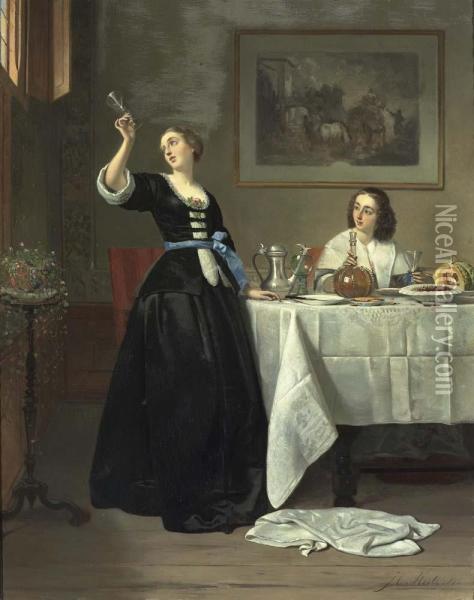 Le Dejeuner: Interieur Mit Zwei Eleganten Damen Um Einen Gedeckten Tisch. Oil Painting - Johannes Cornelis Mertz