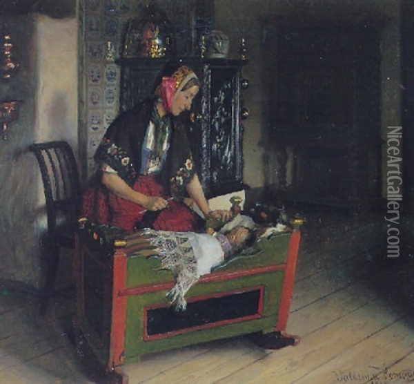 En Mor Ser Til Sit Sovende Barn Oil Painting - Valdemar Kornerup