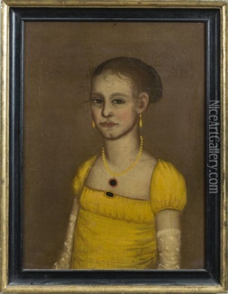Jerusha Rogers Washburn In A Yellow Gown And Long Lace Sprigged Gloves Oil Painting - Ammi Phillips