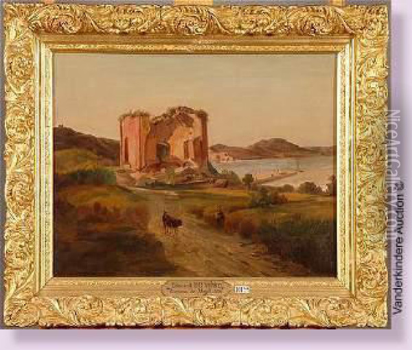 Ruines De Temple Animees A Baja, Pres De Pompei Oil Painting - Edouard De Vigne