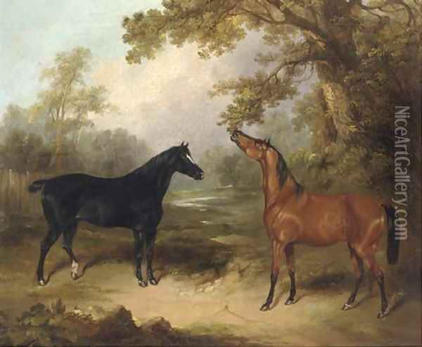 A black horse and a chestnut horse in an oak wood Oil Painting - Charles Henry Schwanfelder